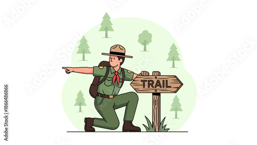 Illustrated Scout Showing Trail Direction in Natural Forest Landscape Illustration