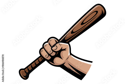 A hand holds baseball bat.