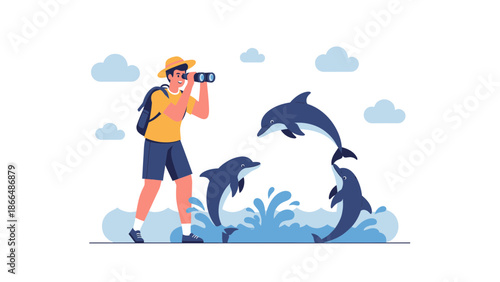 Joyful Encounter Tourist Glimpsing Dolphins Leaping from Ocean Illustration