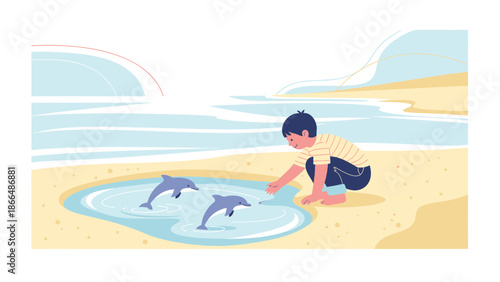 Joyful Encounter Young Boy Interacting With Dolphins At Calm Seaside Location