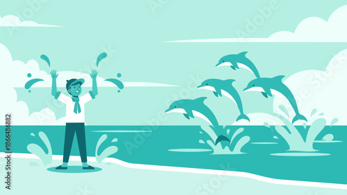 Joyful Encounter With Dolphins A Cheerful Moment In Marine Paradise