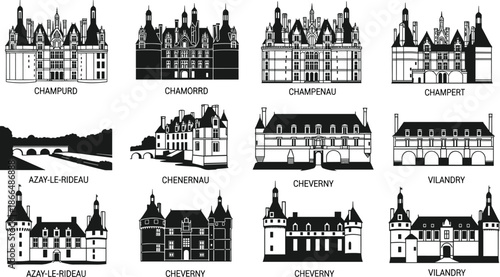 Black silhouette collection of famous French chateaus including Chambord, Chenonceau, Cheverny, and Villandry for travel, history, and European landmark architectural design.