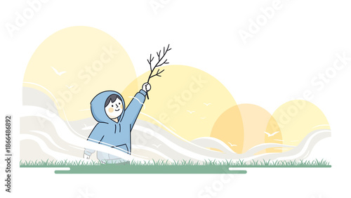Illustration Of A Child In Hoodie Holding Branch Up Against Pastel Sunset