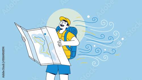 Joyful Explorer Reading A Map In The Winds On A Bright Day