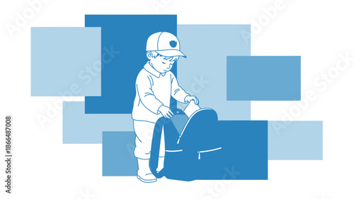 Illustration Of Little Boy Packing A Backpack With Geometric Shapes