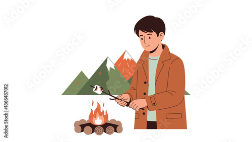 Illustration Of Man Roasting Marshmallow Over Campfire Enjoying Outdoor Activities