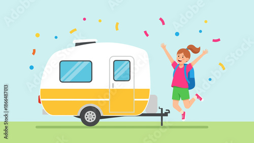 Joyful Girl Welcoming Summer Vacation With Retro Caravan Trip Concept
