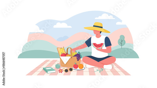 Illustration Of Man Enjoying A Picnic With Fruits And Relaxation Outdoors