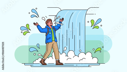 Joyful Hiker Exploring Waterfall Wonderland Cartoon Illustration in Refreshing Outdoors