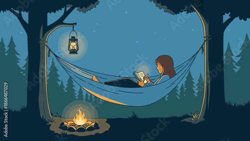 Illustration Of Peaceful Evening Reading In Hammock By Campfire Among Trees