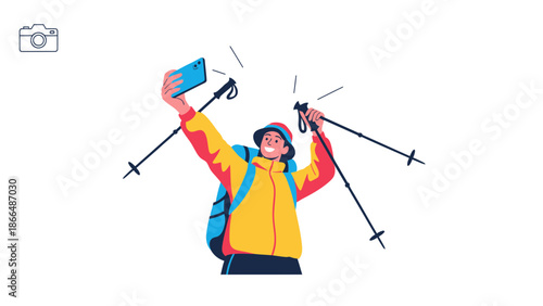Joyful Hiker Taking A Selfie With Trekking Poles On An Adventure Trip