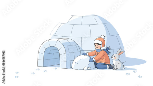 Joyful Kid Building Igloo With Friendly Bunny In Snowy Landscape Winter