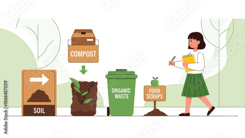 Illustration Of Organic Waste Management Steps And A Girl With A Notepad