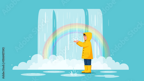 Joyful Kid In Yellow Raincoat Enjoying Rainfall Under A Colorful Rainbow