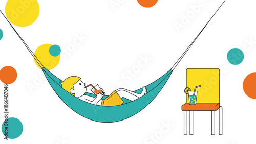 Illustration Of Relaxation Scene Featuring Person Enjoying Beverage In Hammock