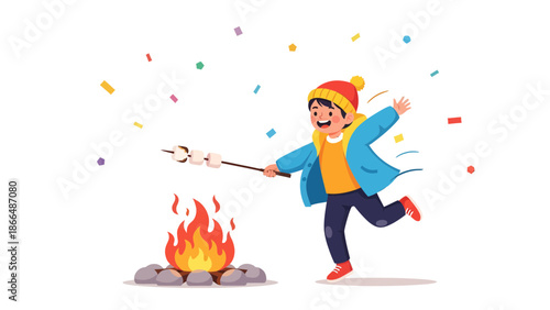 Joyful Kid Toasting Marshmallows Over Campfire During Winter Outdoor Celebration