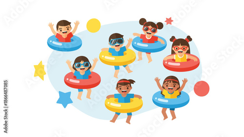 Joyful Kids Playtime Fun With Colorful Inflatable Rings Summer Activity Concept