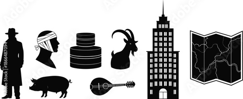 Collection of silhouettes featuring a detective, bandaged head, containers, goat, skyscraper, pig, mandolin, and folded map for diverse graphic design.