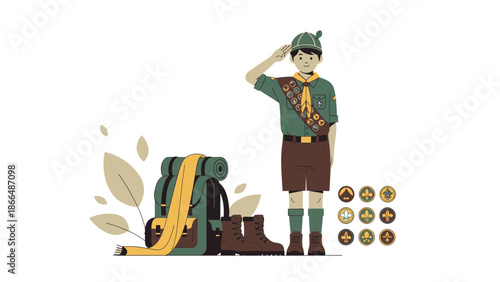 Illustration Of Young Boy Scout Saluting With Backpack And Merit Badges Beside Him