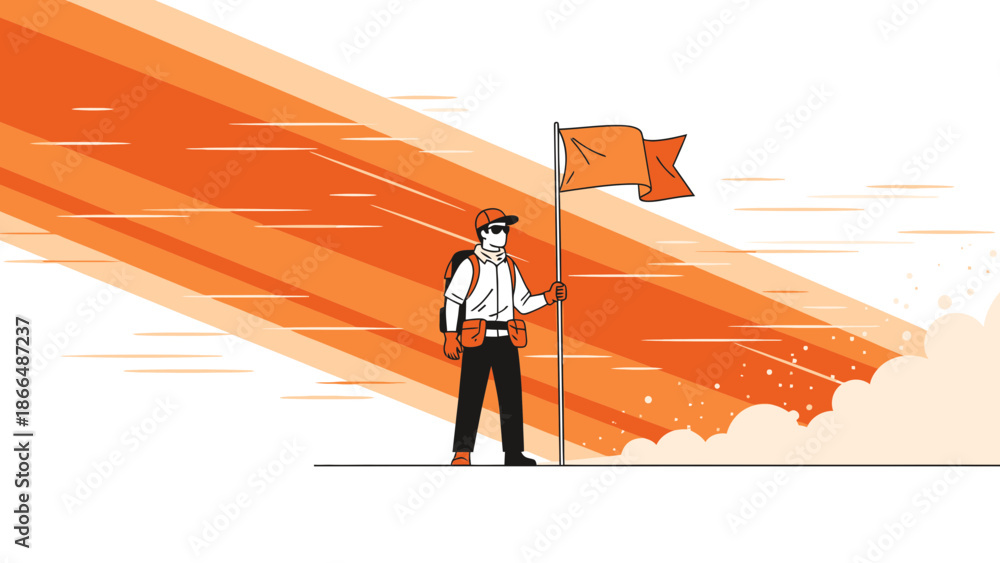 Obraz premium Illustrative Person Holding Orange Flag Reaching Goals With Achievement Concept