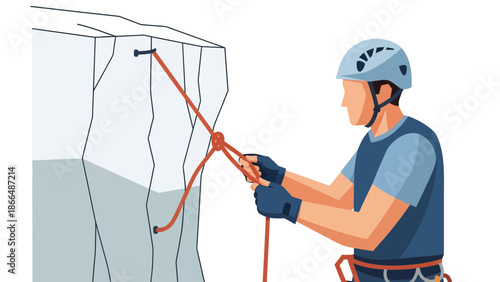 Illustrative Man Rock Climbing Securing Rope for Descent in Mountain Landscape