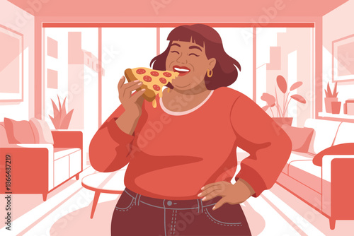 A happy woman eats pizza.