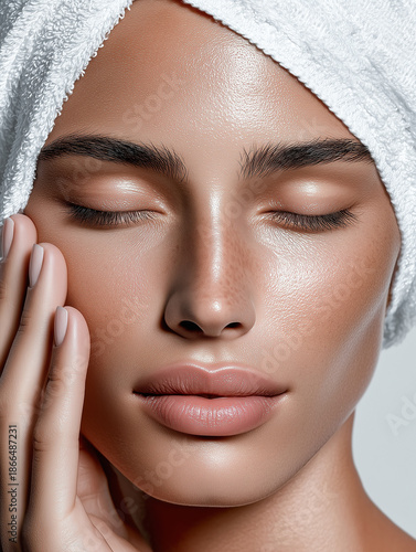 Young woman 20–30 years old with natural skin texture during skincare routine, spa beauty portrait