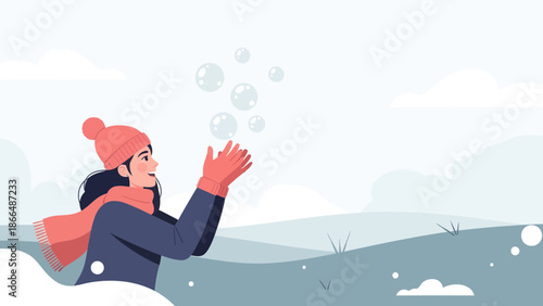 Joyful Winter Season: Woman Playing With Soap Bubbles In Snowy Landscape