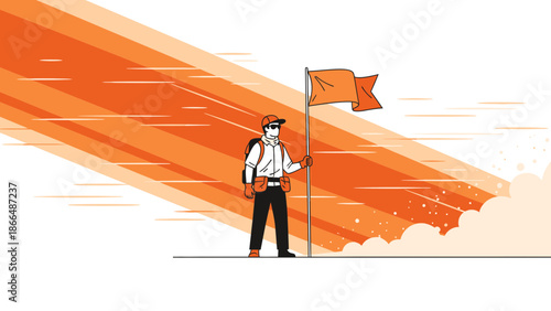 Illustrative Person Holding Orange Flag Reaching Goals With Achievement Concept