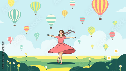 Joyful Woman Dancing In Dreamy Landscape With Floating Hot Air Balloons