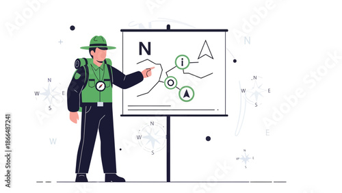 Illustrative Park Ranger Explaining Trail Map On Display Board For Visitors