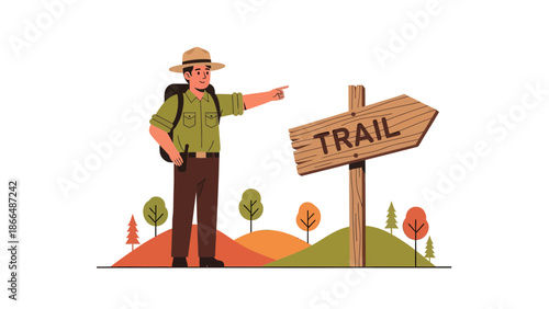 Illustrative Park Ranger Guiding Travelers Toward The Indicated Trail Path