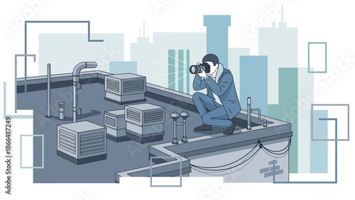 Illustrative Photographer Capturing Urban Landscape From Building Rooftop Vector Graphic