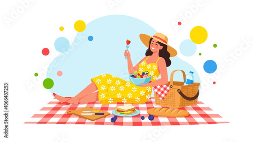 Joyful Woman Enjoying Fresh Fruit Salad At A Summer Picnic Outdoors
