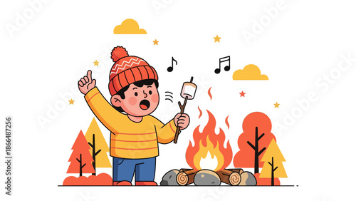 Joyful Youngster Roasting Marshmallow By Bonfire During Autumn Outdoor Adventure