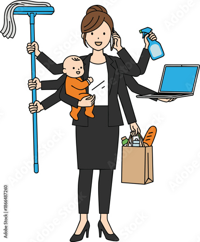 Cartoon businesswoman multitasking with baby, laptop, groceries, mop, and phone — modern female juggling work and home duties