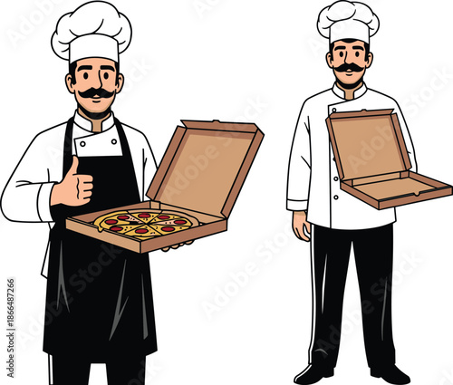 Cartoon chefs with pizza boxes — one presenting a full pizza, the other showing an empty box in humorous contrast