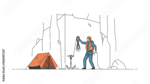 Illustrative Scene Of A Rock Climber Setting Up Camp For The Adventure