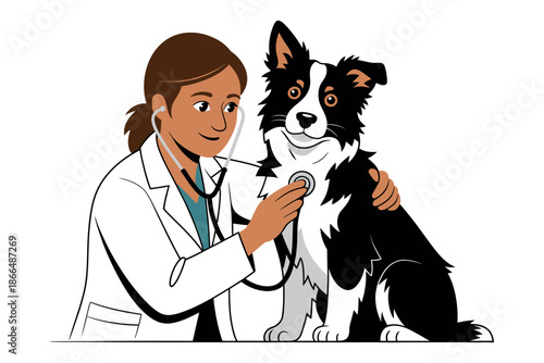 Vet examines a happy dog.