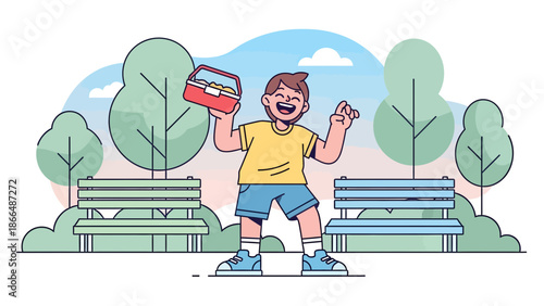 Joyful Youngster Holding A Lunchbox In Park With Outdoor Setting
