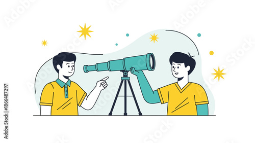 Illustrative Scene Of Two People Exploring Space With A Telescope In Flat Style