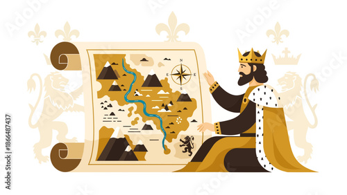 King Study A Treasure Map In Flat Vector Illustration Concept Design