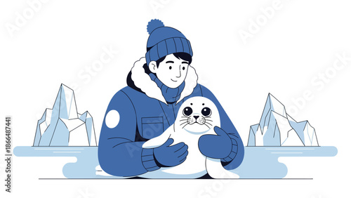 Kindred Souls A Boy Embraces A Baby Seal In The Arctic Landscape Illustration