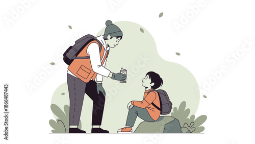 Kind Traveler Offers Refreshment To Young Hiker During Break In Outdoors