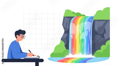 Inspired Ideas Man Writing Rainbow Waterfall Dreamy Landscape Creativity