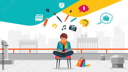 Inspiring Creativity Artist Sketches Ideas on Rooftop Urban Landscape Scenery