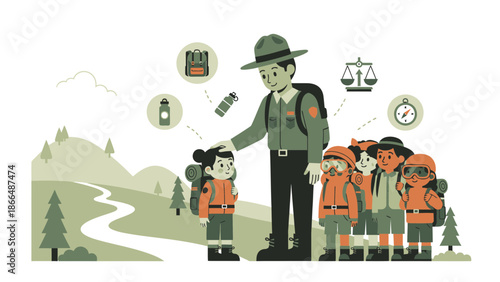 Inspiring National Park Ranger Leads a Group of Children on an Outdoor Adventure