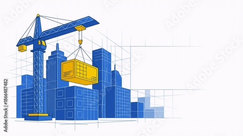 Architectural construction illustration showing crane and modular building blocks for urban development planning