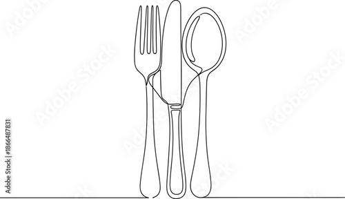Continuous line drawing of cutlery featuring a fork, knife, and spoon silhouette for restaurant menu, kitchen decor, and dining vector.