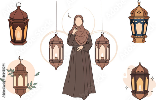 Hand Drawn Flat Vector fashion Ramadan Lantern Illustration